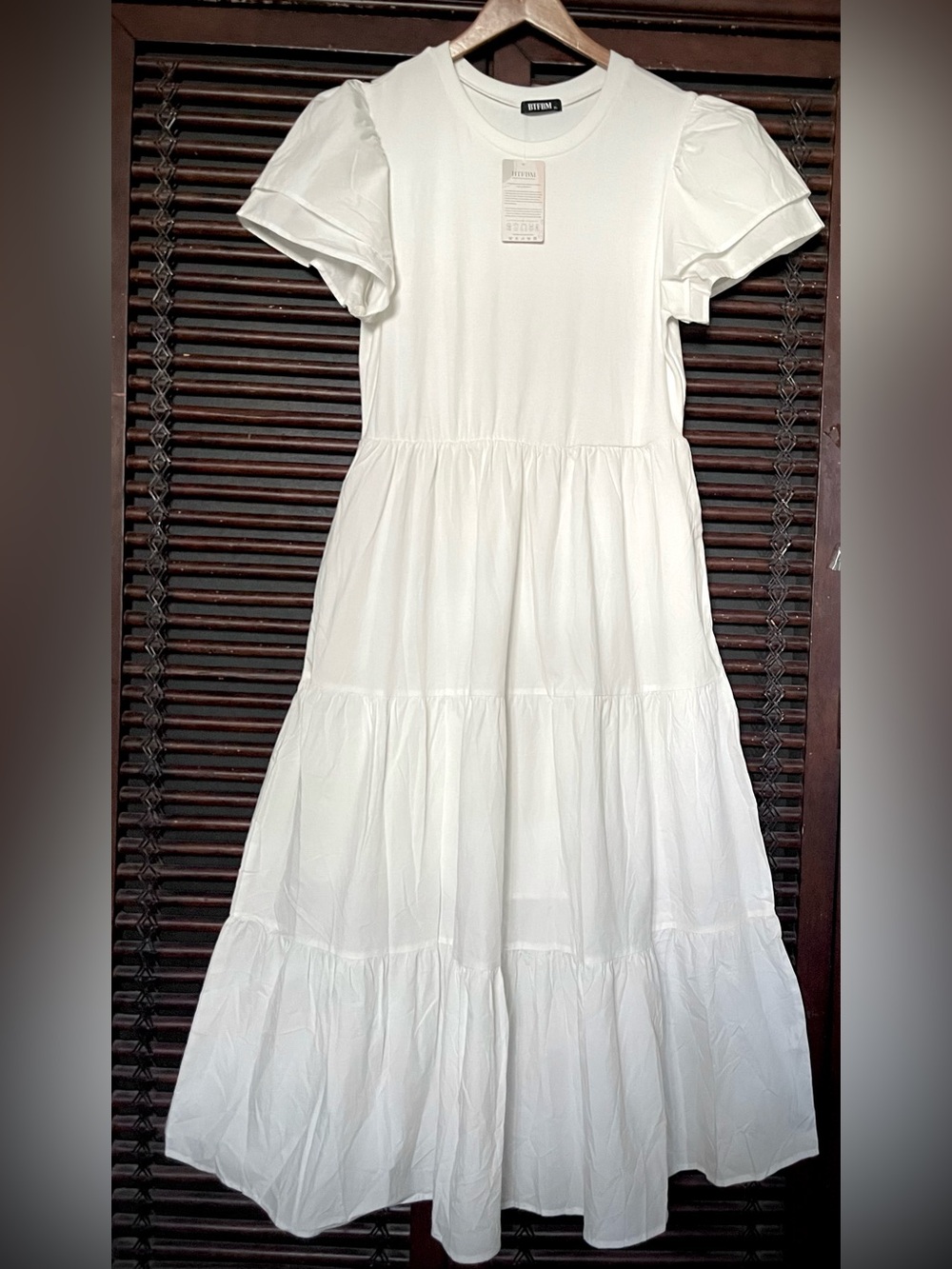 BTFBM White Crewneck Midi Maxi Dress Double Poplin Flutter Sleeves Tiered XL NWT - Picture 4 of 8